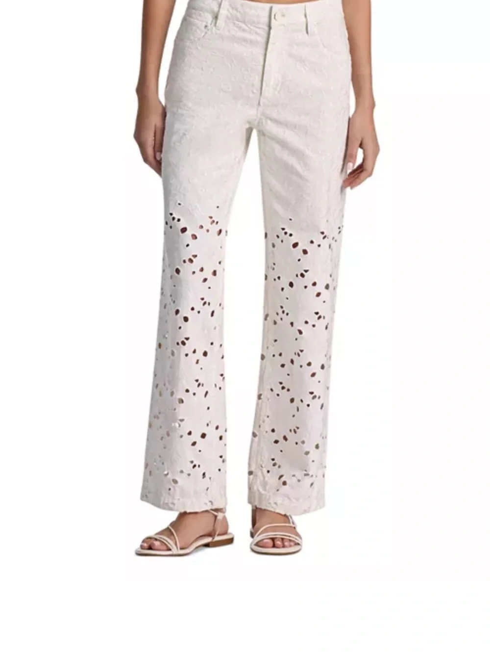 Alice + Olivia White Eyelet Jeans with Red Stitch Accents - Picture 3 of 14